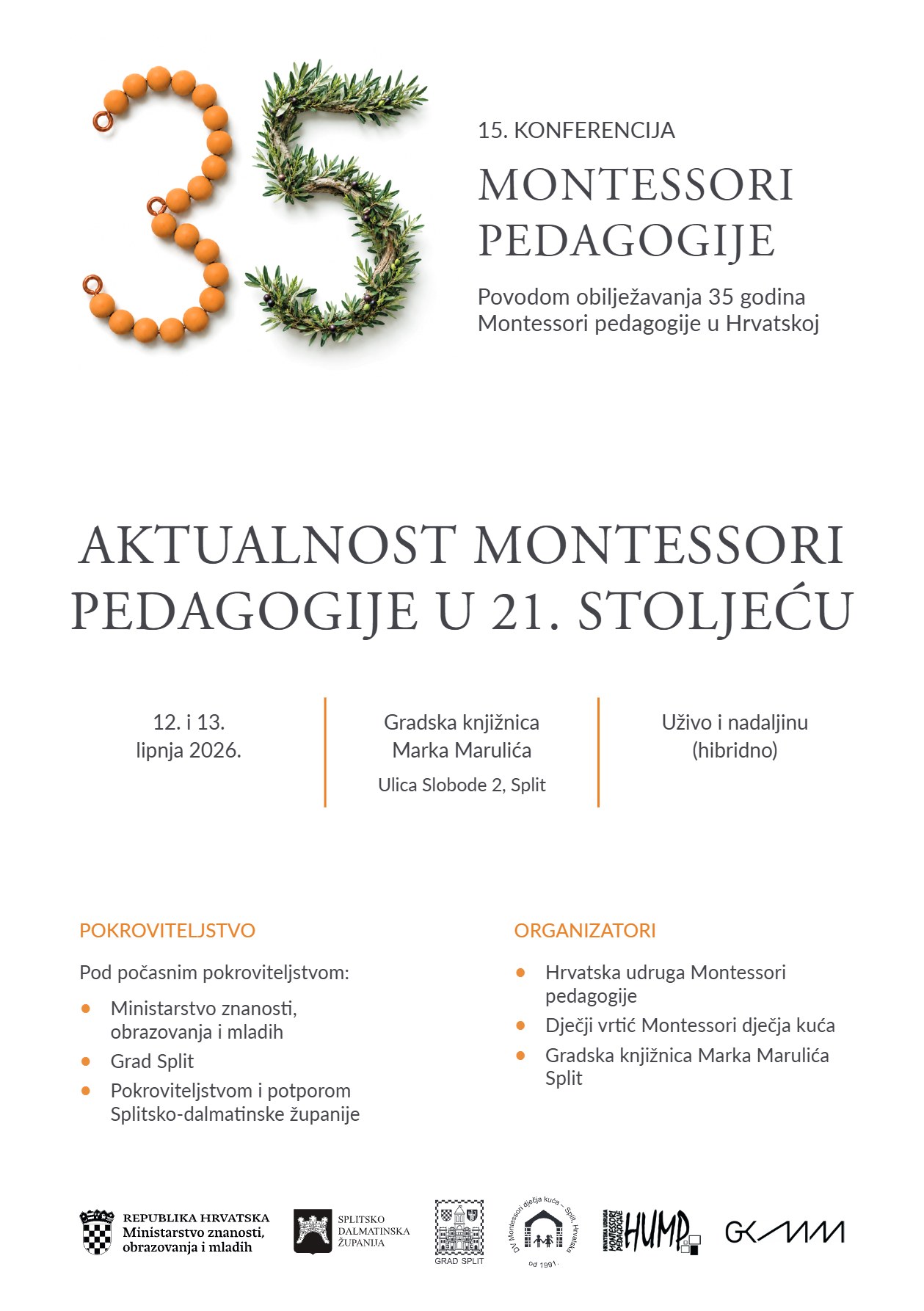 Plakat 15. konferencije Montessori pedagogije „Aktualnost Montessori pedagogije u 21. stoljeću“, 12. i 13. lipnja 2026., Gradska knjižnica Marka Marulića u Splitu